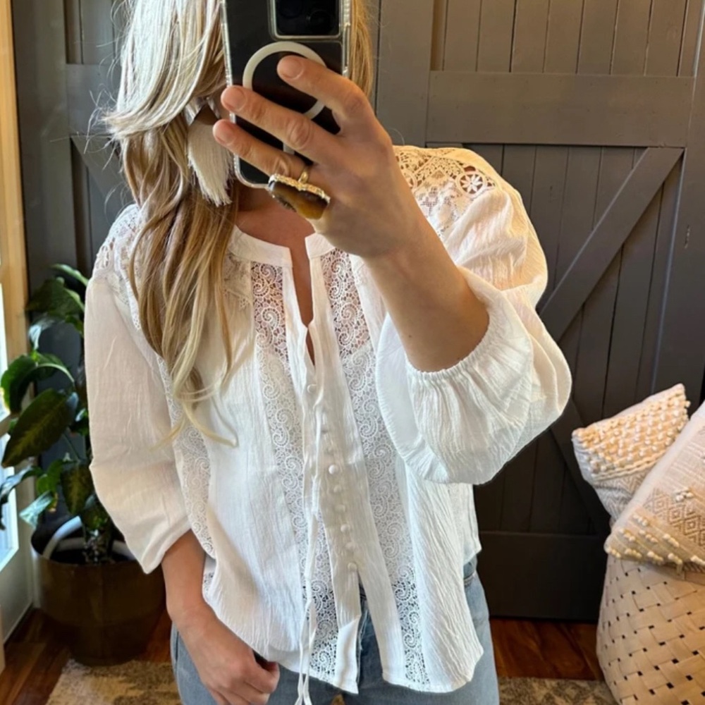 New White Lace Inset 3/4 Sleeve Button Front Floral Blouse Top Women's Boho - Picture 9 of 11